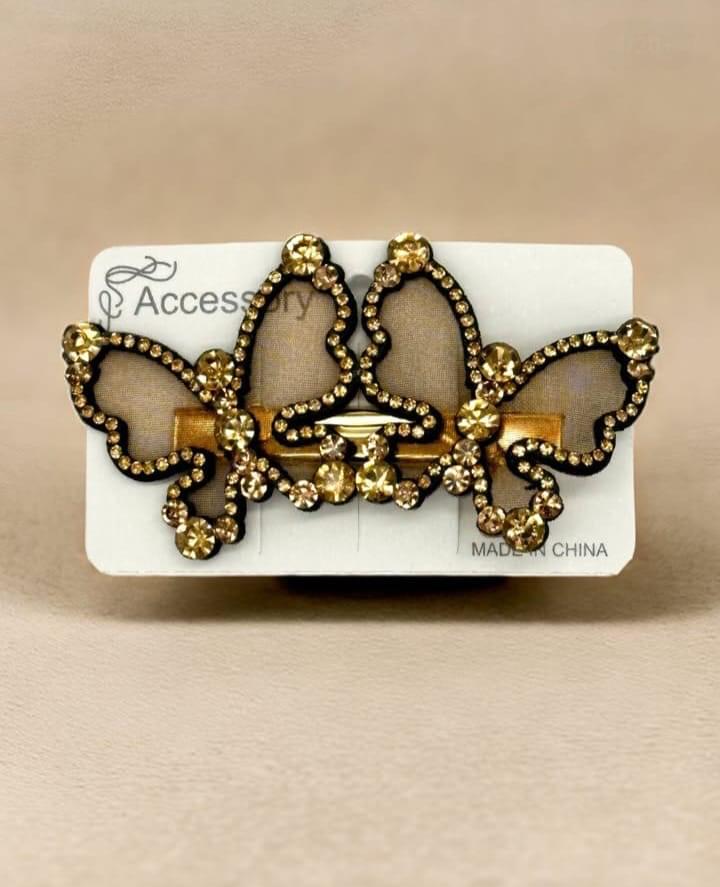 Double Butterfly Hair Clip with Golden Diamond Stones – Fancy & Elegant Hair Accessory for Women | Kiswa Online Store