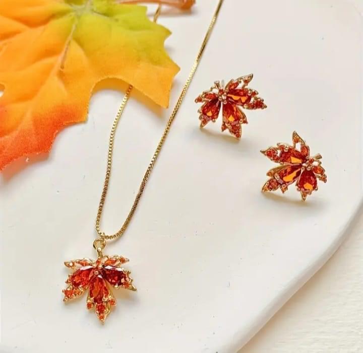 Leaf Design Necklace & Earrings Set with Red Diamond Stones – Fancy Jewelry for Women | Kiswa Online Store