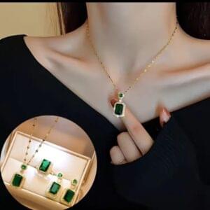 Golden Necklace, Ring & Earrings Set with Green Stones – Unique & Fancy Jewelry for Women | Kiswa Online Store