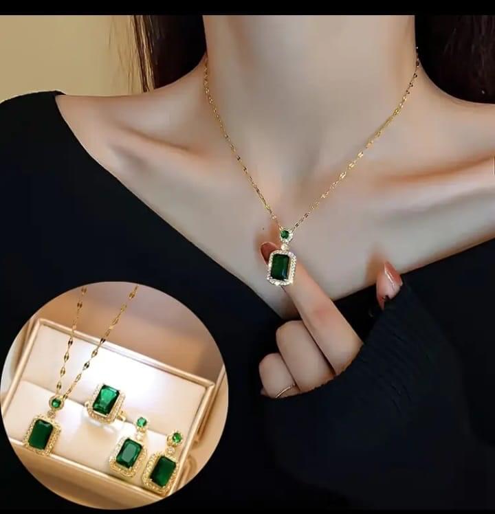 Golden Necklace, Ring & Earrings Set with Green Stones – Unique & Fancy Jewelry for Women | Kiswa Online Store